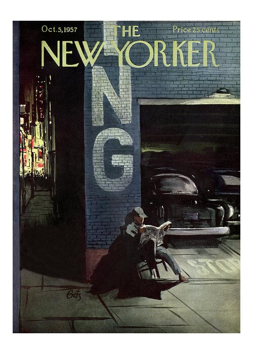 Autos Leisure Relaxation Urban Doormen Cars Arthur Getz Artkey 46178 Greeting Card featuring the painting New Yorker October 5th, 1957 by Arthur Getz