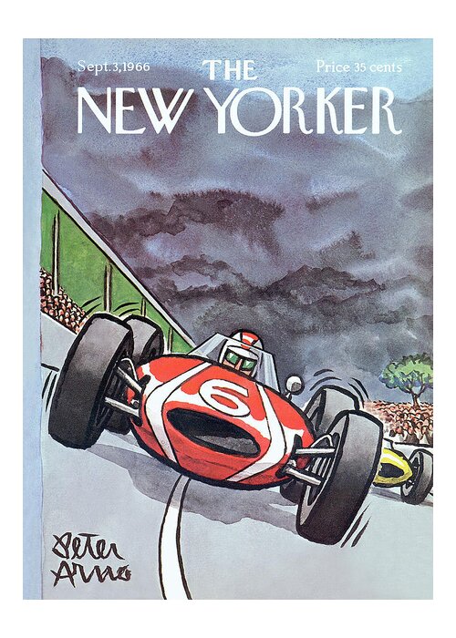 (a Red Race Car Pulls Ahead In An Attempt To Take The Lead.) Autos Driving Performance Speed Fast Engine Competition Sports Leisure Racing Peter Arno Peter Arno Par Artkey 46190 Greeting Card featuring the painting New Yorker September 3rd, 1966 by Peter Arno