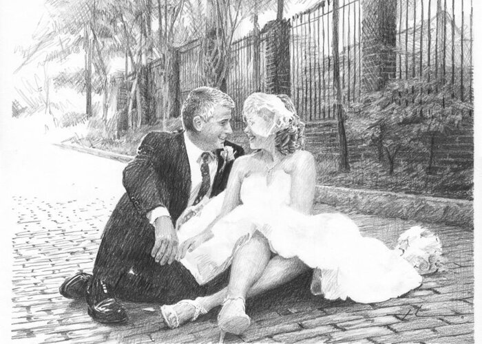 Www.miketheuer.com Newlyweds On Cobblestones Pencil Portrait Greeting Card featuring the drawing Newlyweds On Cobblestones Pencil Portrait by Mike Theuer