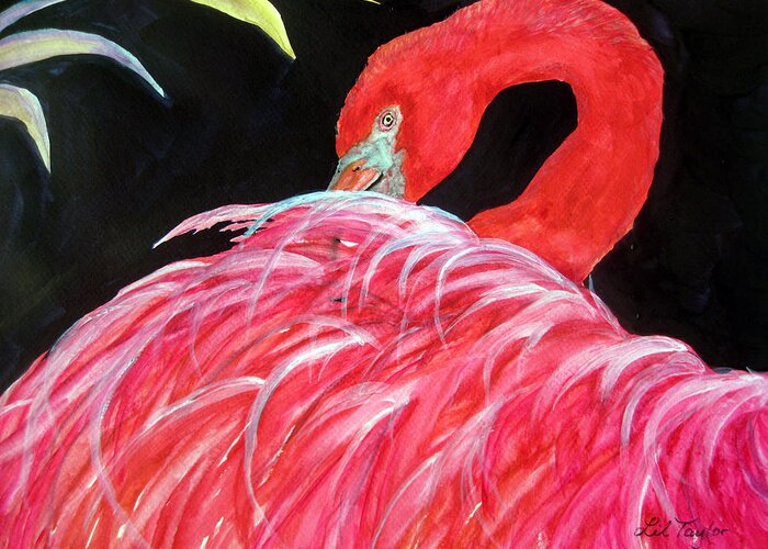 Pink Greeting Card featuring the painting Night Flamingo by Lil Taylor