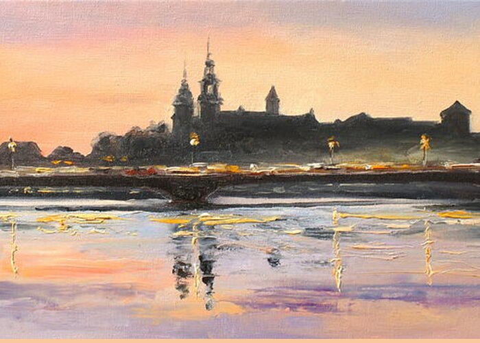 Krakow Greeting Card featuring the painting Night in Krakow by Luke Karcz