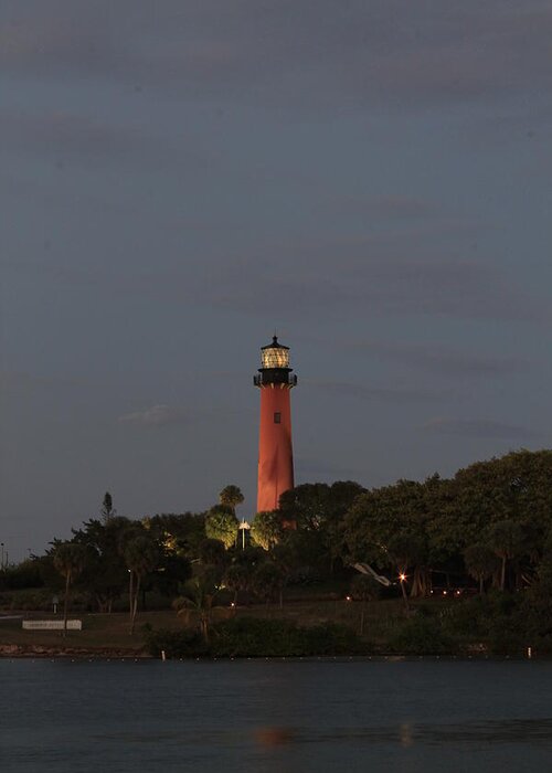 Jupiter Greeting Card featuring the photograph Night Lighthouse by Catie Canetti