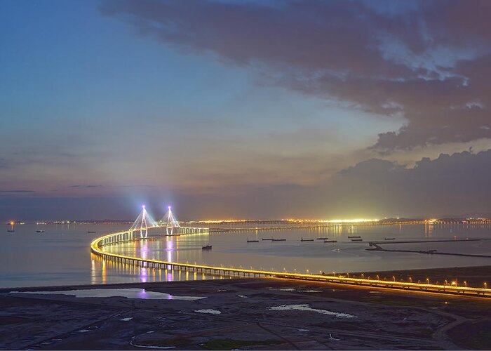 Curve Greeting Card featuring the photograph Night Of Incheon Bridge, Korea by Tokism