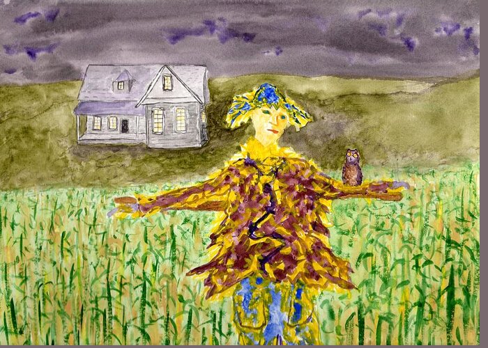  Jim Taylor Greeting Card featuring the painting Night owl Scarecrow by Jim Taylor