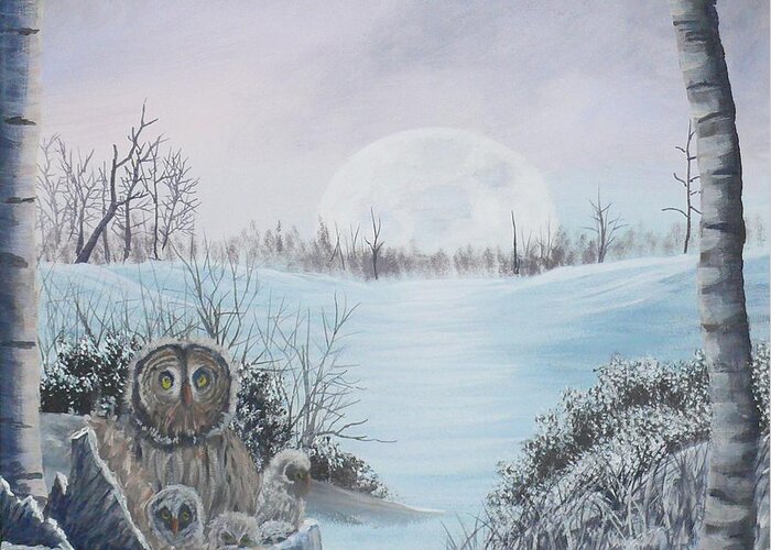 Wildlife Greeting Card featuring the painting Night Owls by William Stewart