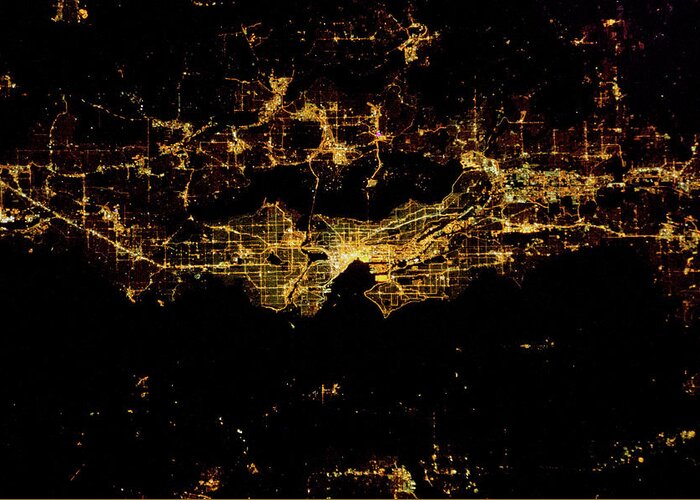 Photography Greeting Card featuring the photograph Night Time Satellite Image Of Seattle by Panoramic Images