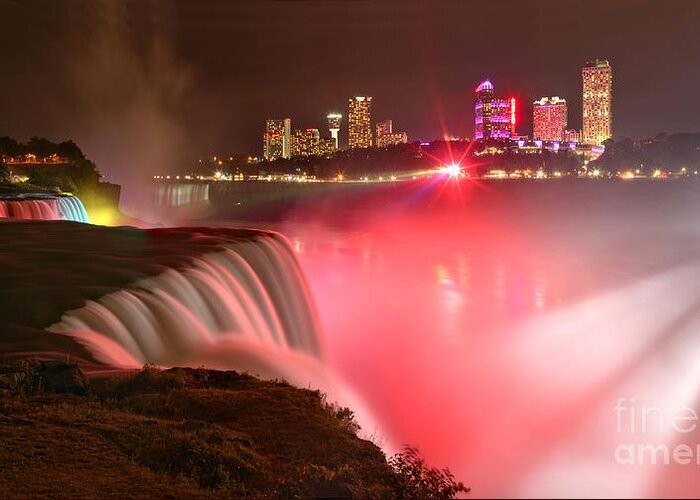 Niagara Falls Greeting Card featuring the photograph Nighttime Niagara Falls Panorama by Adam Jewell