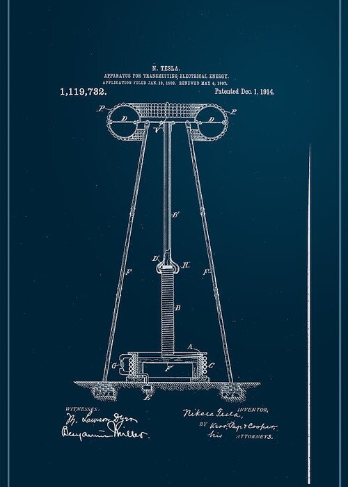 Wright Greeting Card featuring the digital art Nikola Tesla's Transmitter Patent 1914 by Paulette B Wright