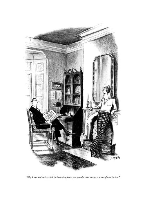 75371 Csa Charles Saxon (man Reading At An Elegant Desk To A Woman Lounging Against A Fireplace.) Against Bad Couple Desk Domestic Elegant ?replace Grade Grading Home Husband Lounging Man Manners Mantle Marriage Partner Rating Reading Relationships Rude Score Spouse Wife Woman Greeting Card featuring the drawing No, I Am Not Interested In Knowing How by Charles Saxon