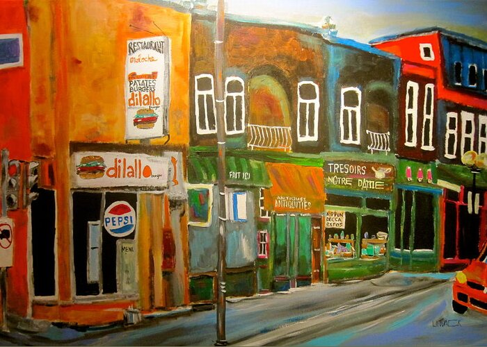 Dilallo's Hamburger Restaurant Greeting Card featuring the painting Notre Dame Antique Row by Michael Litvack