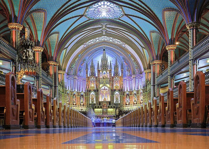 Gothic Style Greeting Card featuring the photograph Notre Dame Basilica - Montreal by S. Greg Panosian