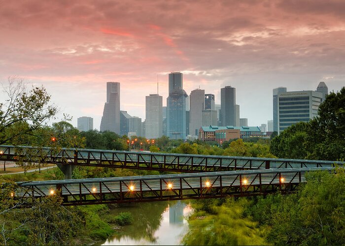 Downtown Houston Greeting Card featuring the photograph November Sunrise in Downtown Houston by Silvio Ligutti