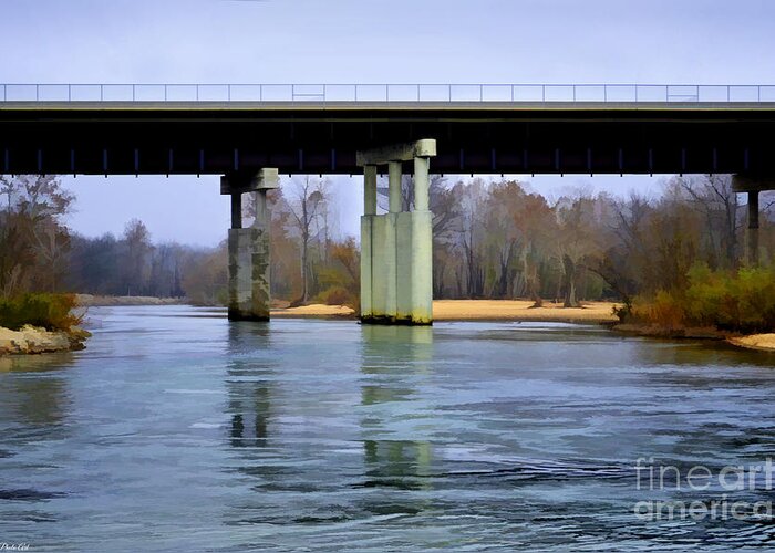 Bridge Greeting Card featuring the photograph November under the brige - Current River near Van Beauren Mo - Digital Paint 1 by Debbie Portwood