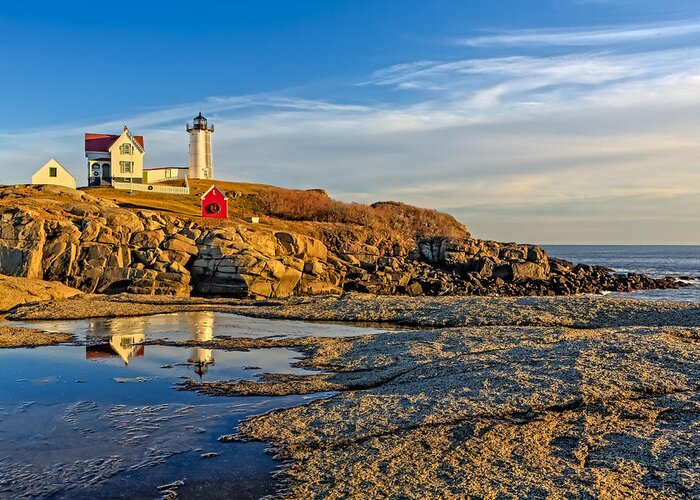 Nubble Lighthouse Greeting Card featuring the photograph Nubble Lighthouse Reflections by Susan Candelario