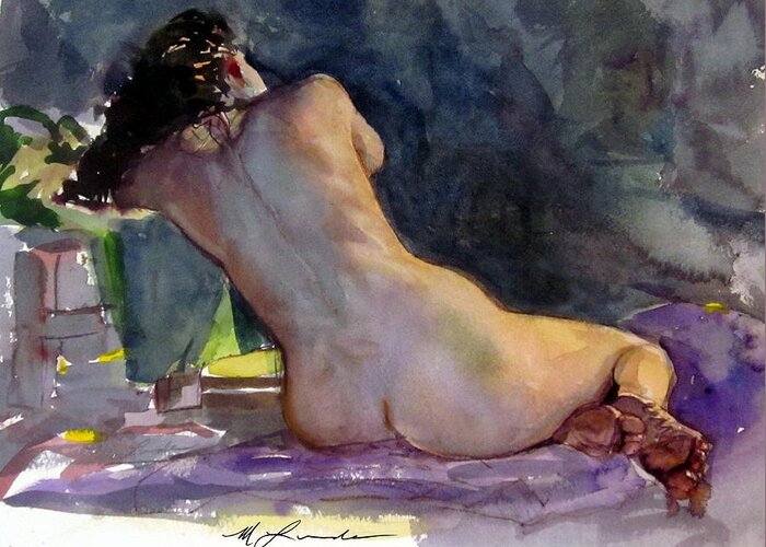 Nude Back View Watercolor Greeting Card featuring the painting Nude Female Back by Mark Lunde