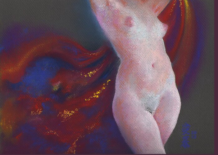 Female Nude Greeting Card featuring the pastel Nude Female Torso in Bright Light from Front with Radiant Red Cloth Flowing Behind with Gold Sparkle by Scott Kirkman