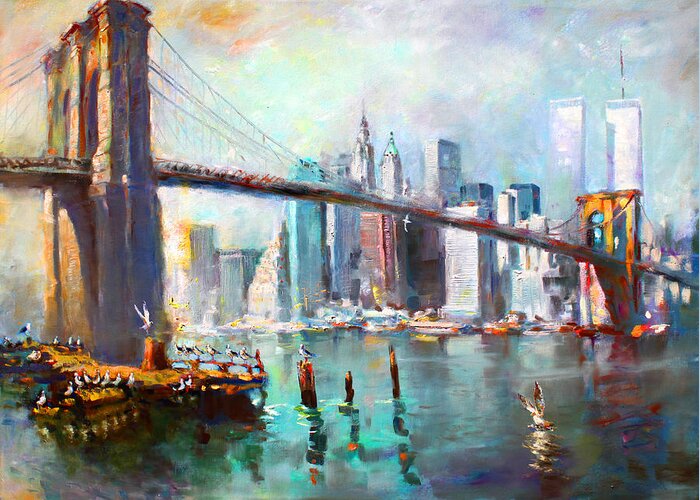 Nyc Greeting Card featuring the painting NY City Brooklyn Bridge II by Ylli Haruni