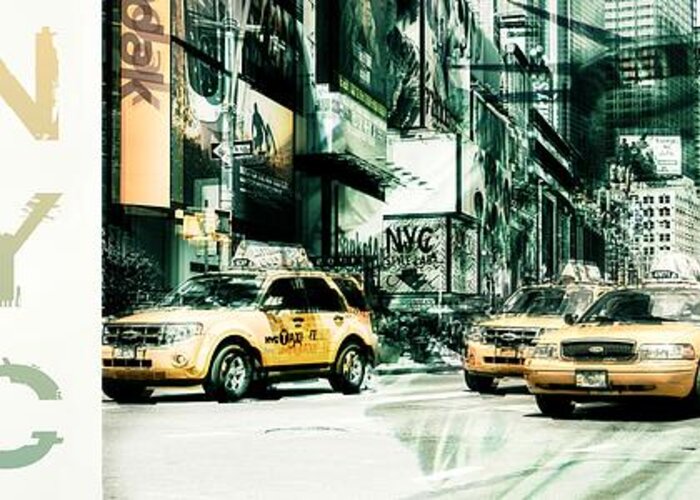 Nyc Greeting Card featuring the photograph NYC-Yellow Cabs and Lady Liberty 3x1- 2 by Hannes Cmarits