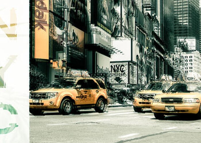 Nyc Greeting Card featuring the photograph NYC Yellow Cabs and Lady Liberty by Hannes Cmarits
