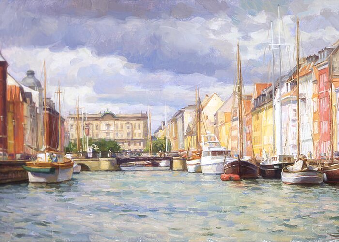 Cityscape Greeting Card featuring the painting Nyhavn. Copenhagen by Serguei Zlenko