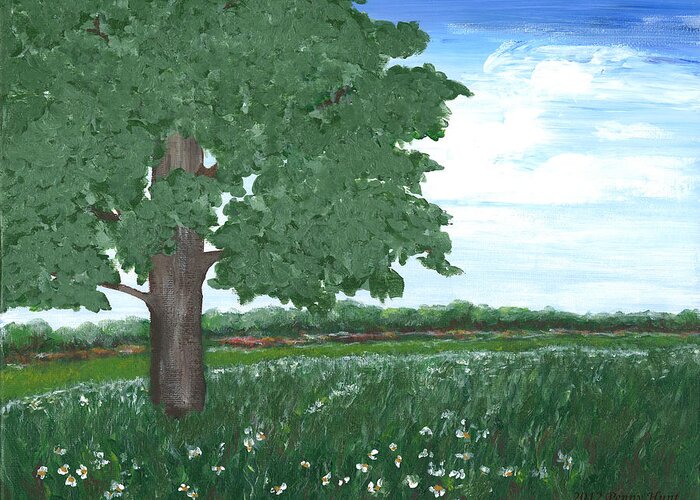 Oak Greeting Card featuring the painting Oak Tree in Summer Meadow by Penny Hunt