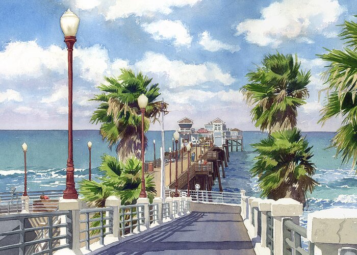 Oceanside Greeting Card featuring the painting Oceanside Pier by Mary Helmreich