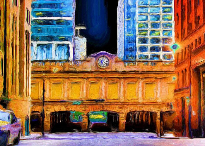 W Washington St Greeting Card featuring the painting Ogilvie Transportation Center Clock by Ely Arsha