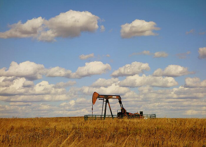 Oil Greeting Card featuring the photograph Oil Pump Jack on the Prairie by Ann Powell
