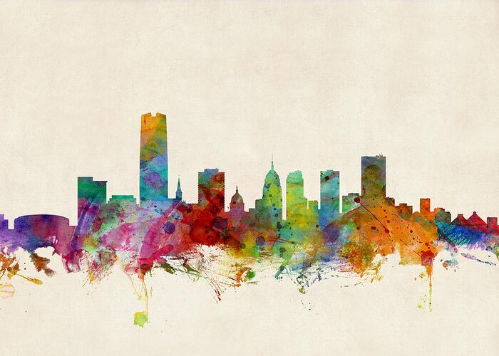 Watercolour Greeting Card featuring the digital art Oklahoma City Skyline by Michael Tompsett
