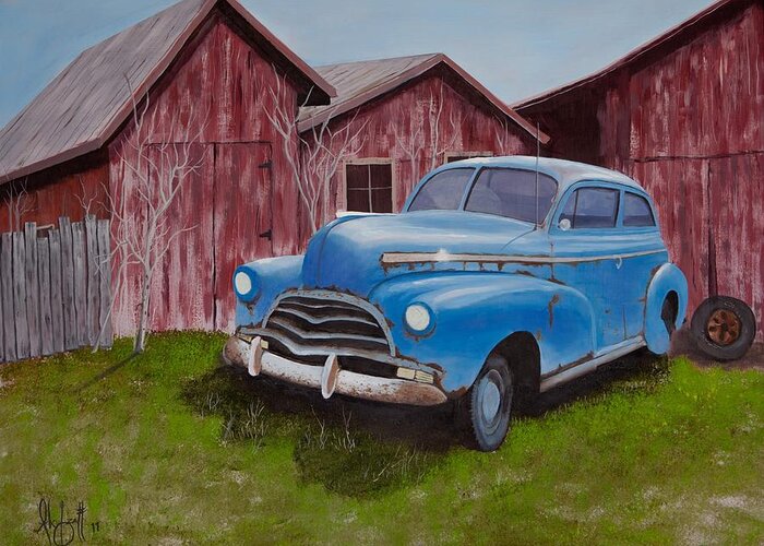 Car Greeting Card featuring the painting Old barn clunker by Alex Izatt