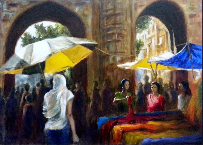 Old City Greeting Card featuring the painting Old city Ahmedabad series 8 by Uma Krishnamoorthy