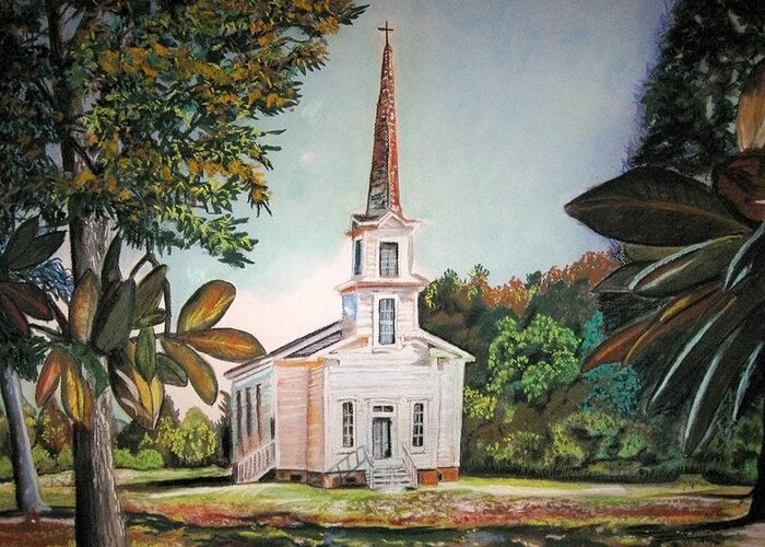 Landscape Greeting Card featuring the pastel Old Country Church by Mike Benton