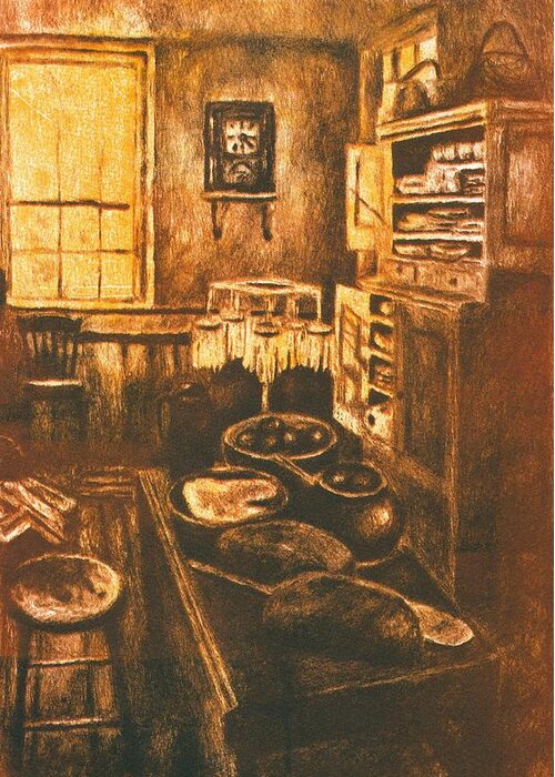 Kitchen Greeting Card featuring the drawing Old Fashioned Kitchen Again by Kendall Kessler