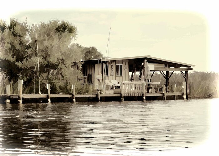 Florida Old Fish Shack Camp Waterway Palms Greeting Card featuring the photograph Old Florida Fish Shack by Alice Gipson