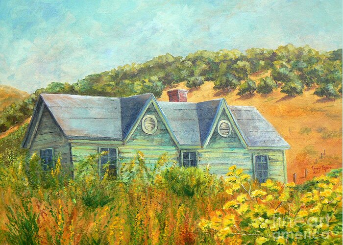 House Greeting Card featuring the painting Old Green House on the Hill by Terry Taylor