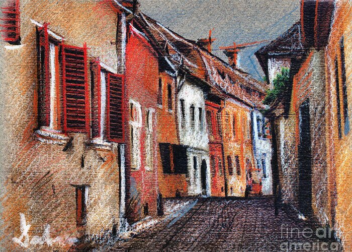 Street Greeting Card featuring the drawing Old medieval street in Sighisoara citadel Romania by Daliana Pacuraru