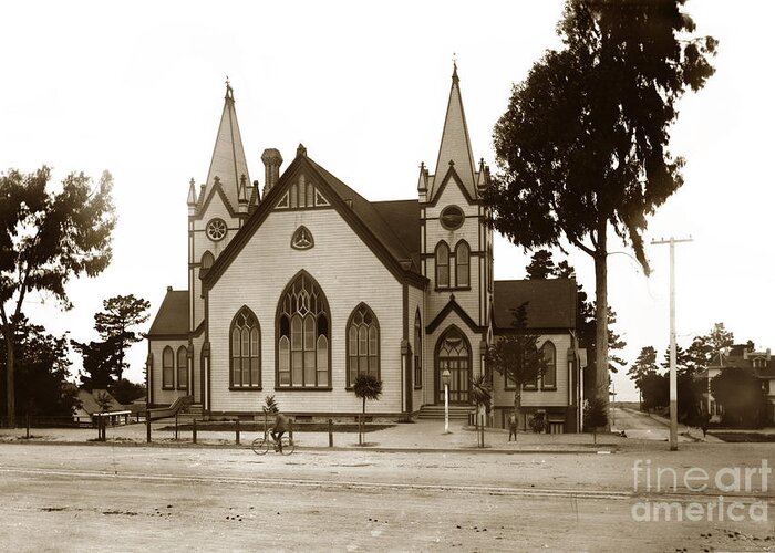 Old Greeting Card featuring the photograph Old Methodist Church on Lighthouse Avenue. Pacific Grove circa 1890 by Monterey County Historical Society
