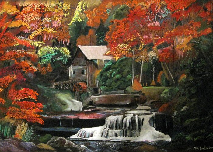 An Old Mill And Waterfall In Autumn Greeting Card featuring the pastel Old Mill Waterfall by Mike Benton