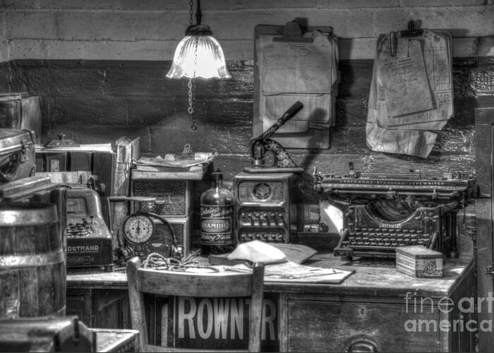 Clutter Greeting Card featuring the photograph Old office in mono by Steev Stamford