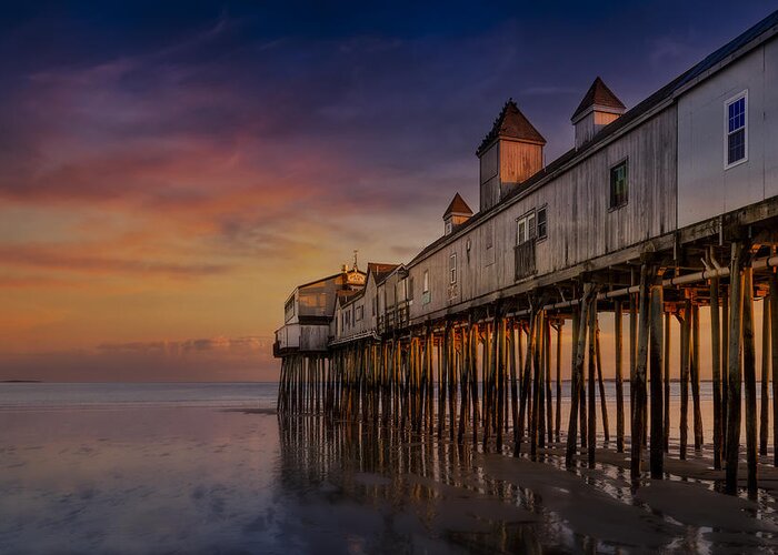 Old Orchard Beach Greeting Card featuring the photograph Old Orchard Beach Pier Sunset by Susan Candelario