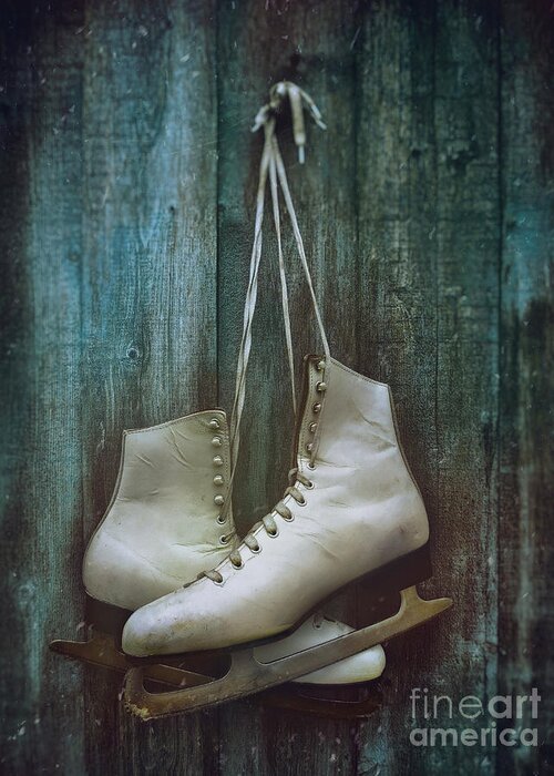 Alone Greeting Card featuring the photograph Old pair of woman's skates hung on barn door       by Sandra Cunningham