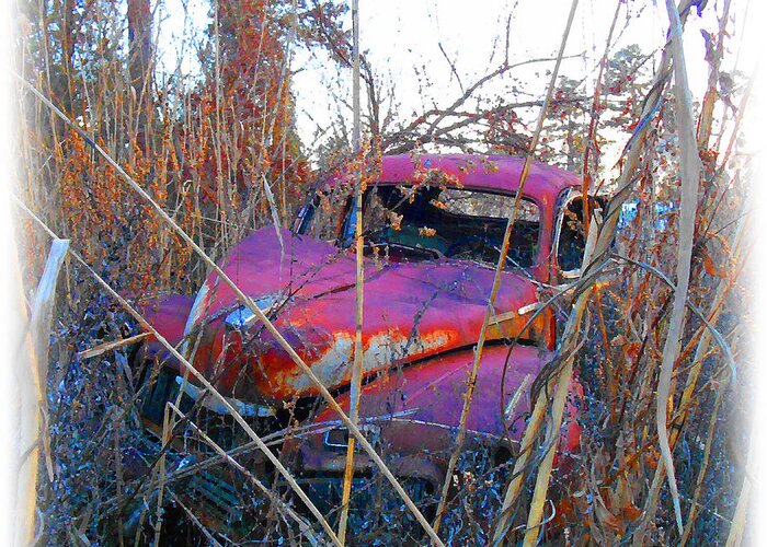 Abandoned Old Car Greeting Card featuring the digital art Old Pink Car In The Weeds by K Scott Teeters