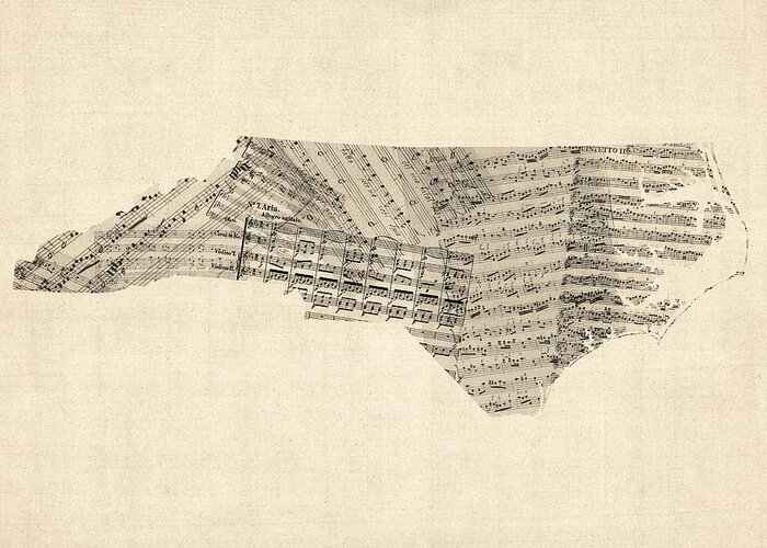 North Carolina Greeting Card featuring the digital art Old Sheet Music Map of North Carolina by Michael Tompsett