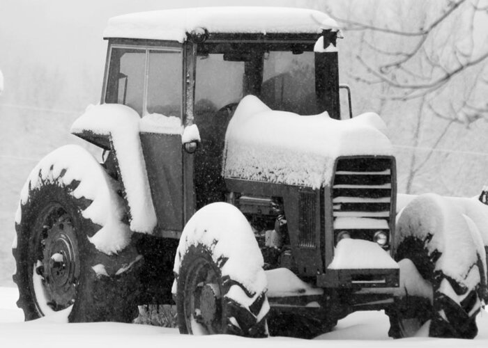 Snow Greeting Card featuring the photograph Old Tractor in the Snow by Holden The Moment