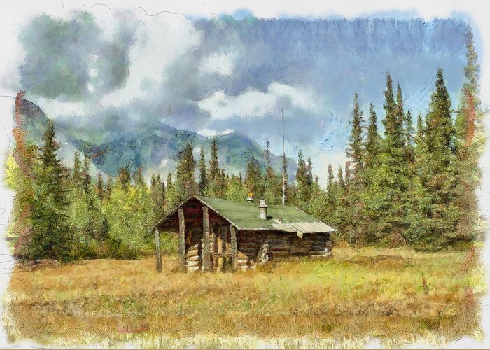 Cabin Greeting Card featuring the digital art Old Trappers Cabin by Fred Denner