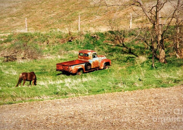 Truck Greeting Card featuring the photograph Old Truck with Horse by Yumi Johnson