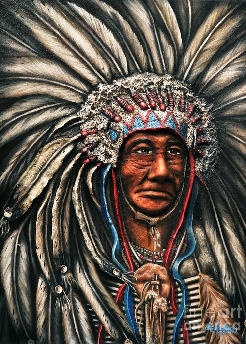 American Indian Chief Greeting Card featuring the painting Cacique by Ruben Archuleta - Art Gallery