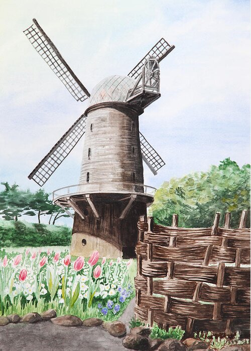 Windmill Greeting Card featuring the painting Old Windmill. Golden Gate Park. San Francisco by Masha Batkova