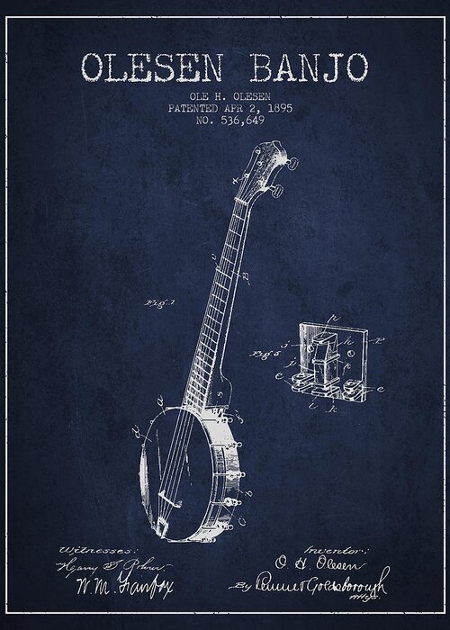 Banjo Greeting Card featuring the digital art Olesen Banjo Patent Drawing From 1895 - Navy Blue by Aged Pixel