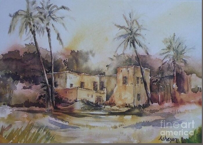 Oman Greeting Card featuring the painting Omani house by Donna Acheson-Juillet